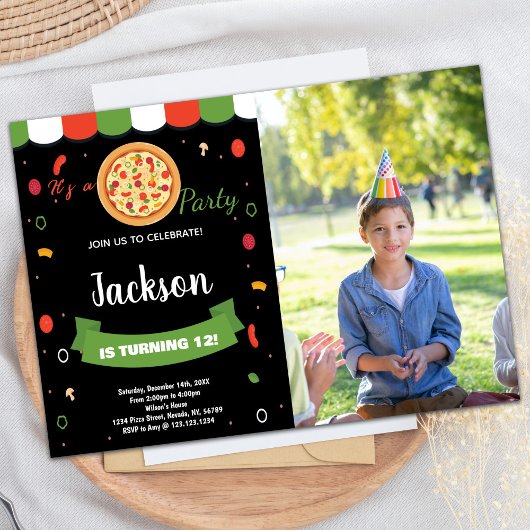 Photo Black Red Pizza Invitations Anniversaire