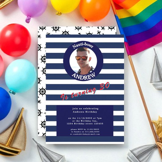 Photo Bleu Nautique rayée Invitation Anniversaire