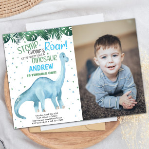 Photo Blue Green Dinosaur Invitations d'anniversai