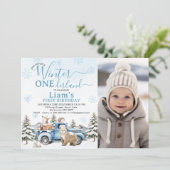 Photo Blue Truck Winter Onederland 1st Birthday Kaart (Staand voorkant)