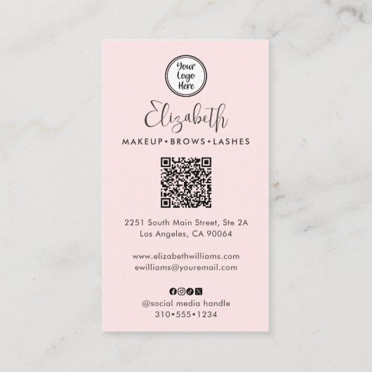 Photo Blush Pink Script Black Logo QR Code Makeup Visitekaartje (Achterkant)