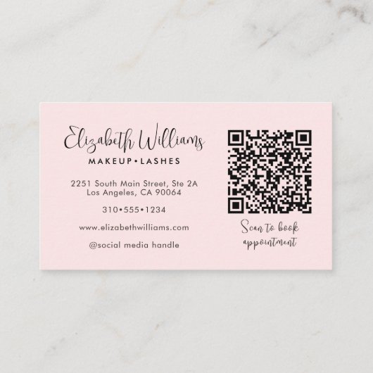 Photo Blush Pink Script Black QR Code Makeup Chic Visitekaartje (Achterkant)