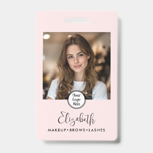 Photo Blush Pink Script Your Logo Here Makeup ID Badge (Front)