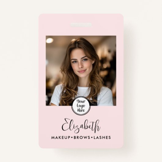 Photo Blush Pink Script Your Logo Here Makeup ID Badge (Voorkant)