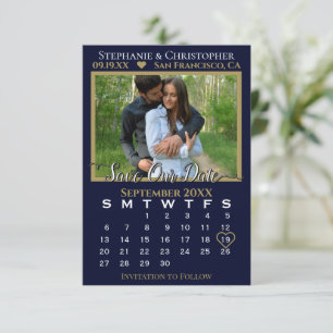 Photo Calendar Navy & Gold Wedding Save Our Date Kaart