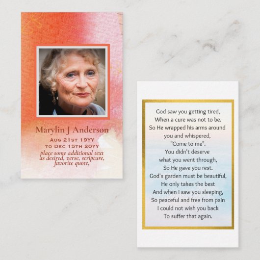 Photo Cartes de prière Célébration commémorative d (Devant / Derrière)