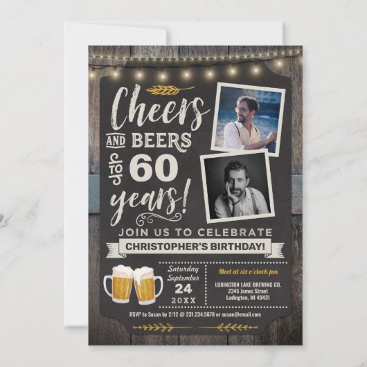 Photo Cheers and Beers 60th Birthday Invitation (Devant)