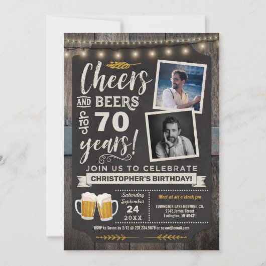 Photo Cheers and Beers 70th Birthday Invitation (Devant)