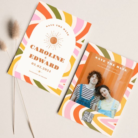Photo Code Qr Save the Date Rainbow Wavy Groovy