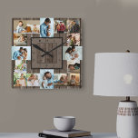 Photo Collage 16 Picture Brown Wood Numbered<br><div class="desc">Photo wall clock with 16 of your favorite. The design has a rustic brown look background and stylish clock face with numbers modernes. The Photo template is ready for you to upload your photographies, which are displayed in 2x portrait, 2x landscape and 12x square / instagram picture format. Please browse...</div>