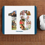 Photo Collage 18e anniversaire Numéro 18 Personnal<br><div class="desc">Créez votre propre tapis de souris personnalisé pour un cadeau unique de 18e anniversaire. Le collage photo numéro 18 est sur un arrière - plan blanc avec des bordures bleues océaniques intelligentes. Le design comprend jusqu'à 12 photos différentes - de différentes formes et tailles - pour vous donner toute la...</div>