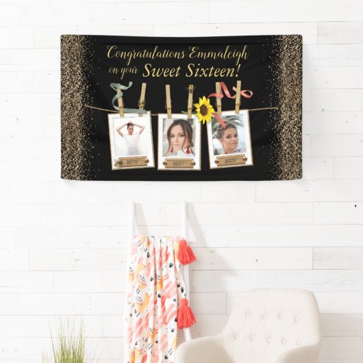 Photo Collage Gold Glitter Sweet 16 Verjaardag Spandoek (Insitu)