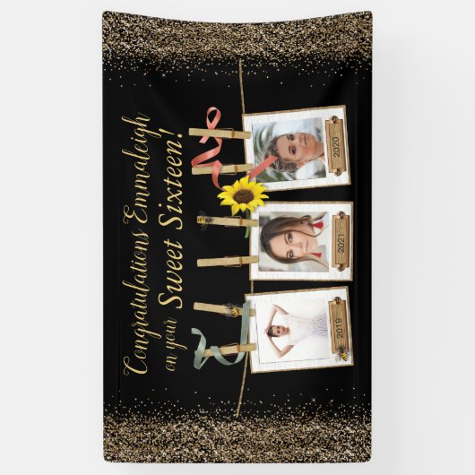 Photo Collage Gold Glitter Sweet 16 Verjaardag Spandoek (Verticaal)