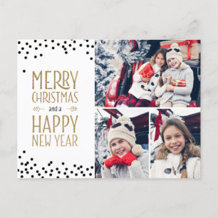 Photo Collage Holiday Card Design White Black Gold Briefkaart