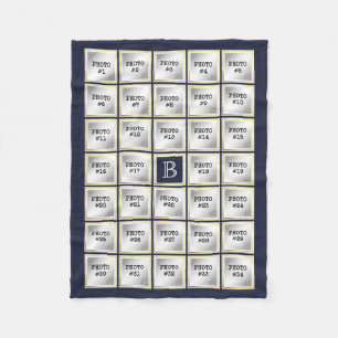 Photo Collage Monogram Gold Lijst Bewerkbaar Blauw Fleece Deken