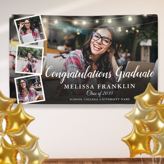 Photo Collage String Lights Graduation Party Spandoek