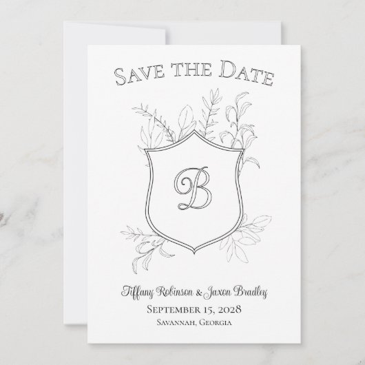 Photo Crest Monogram Classic Black and White Save The Date (Voorkant)