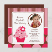 Photo Cupcake Invitation Anniversaire Fleur rose (Devant / Derrière)
