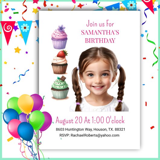 Photo Cupcake Rose Girl Invitation Anniversaire