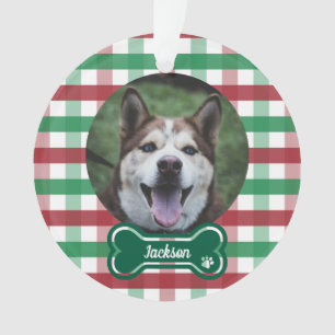 Photo de chien avec os à motif gingham rouge et ve