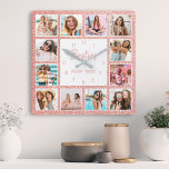 Photo de Custom Collage Besties Blush Pink Glitter<br><div class="desc">Faites de cette horloge murale collage photo élégante blanche et rose vif à la mode unique avec 12 de vos photos préférées avec votre meilleur(s) ami(s). Le design comprend également un script "Besties" écrit à la main et vos noms.</div>