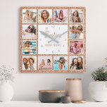 Photo de Custom Collage Besties Rose Gold Glitter<br><div class="desc">Faites de cette horloge murale élégante en or blanc et rose couleur parties scintillant photo collage unique avec 12 de vos photos préférées avec votre meilleur(s) ami(s). Le design comprend également un script "Besties" écrit à la main et vos noms.</div>