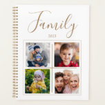 Photo de famille 4 Collage Personnalisé<br><div class="desc">Planificateur personnalisé avec 4 espaces photo collage et typographie de nom. Ajouter l'année courante. Agenda. Blanc aux accents tans. Ajoutez vos photos préférées et customisez ce planificateur.</div>