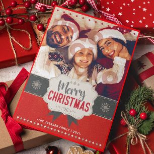 Photo de famille Joyeux Noël Rouge Carte Vintage