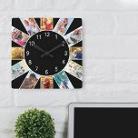 Photo de famille personnalisée Collage noir<br><div class="desc">Horloge photo personnalisée avec vos propres photos personnalisées. Le modèle photo est configuré pour vous permettre d'ajouter 12 de vos photos préférées qui fonctionnent dans le sens des aiguilles d'une montre depuis le haut. Simple et frais, ce design noir aux numéros blancs se marie parfaitement avec une décoration moderne et...</div>