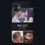 Photo de famille personnalisée et nom de famille<br><div class="desc">Personnalisez ce boîtier de téléphone portable avec les photos de famille préférées des enfants, de la mère, du père, des grands-parents, du nom de famille ou des animaux de compagnie, etc. Trois zones photo. La typographie moderne sur un bloc noir. Le nom est répété pour le côté arrière de ce...</div>