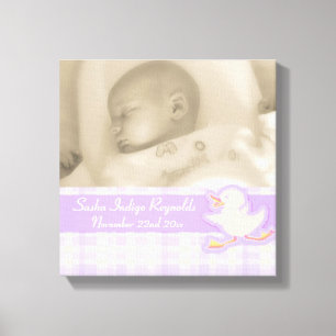 Photo de naissance chèque violet et toile de canar