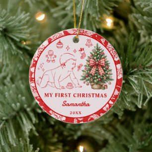 Photo de Noël de bébé en dentelle rouge Ornement