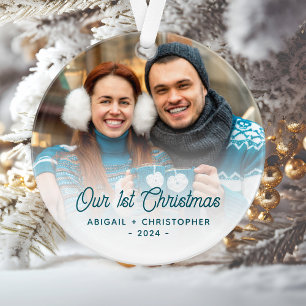 Photo de Noël pour jeunes mariés - Écriture turquo