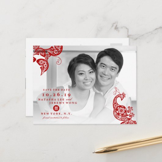 Photo de paon à fleurs rouges chinoises pour carte (Devant/Arrière en situation)