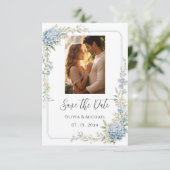 Photo de save the date d'hydrangee bleue élégante (Debout devant)