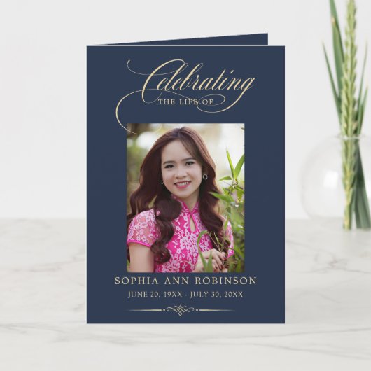 Photo Elegant Blue Gold Funeral Keepsake Program Kaart (Voorkant)