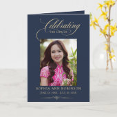 Photo Elegant Blue Gold Funeral Keepsake Program Kaart (Gele Bloem)