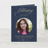 Photo Elegant Blue Gold Script Funeral Program Kaart (Voorkant)