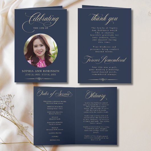 Photo Elegant Blue Gold Script Funeral Program Kaart