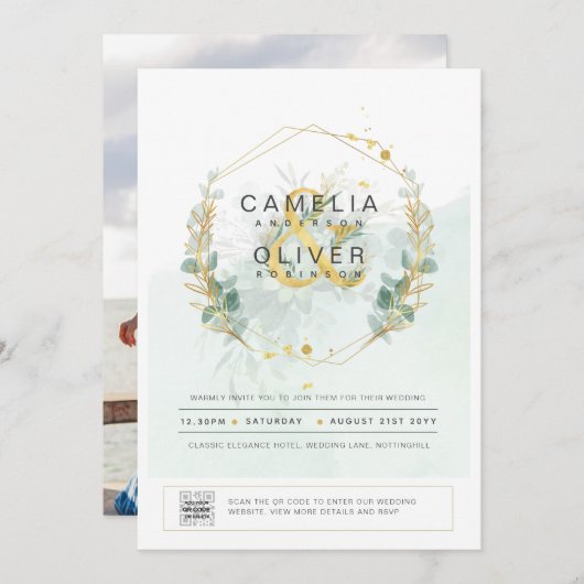 Photo Faire-part de mariage Botanique Vert Or (Devant / Derrière)