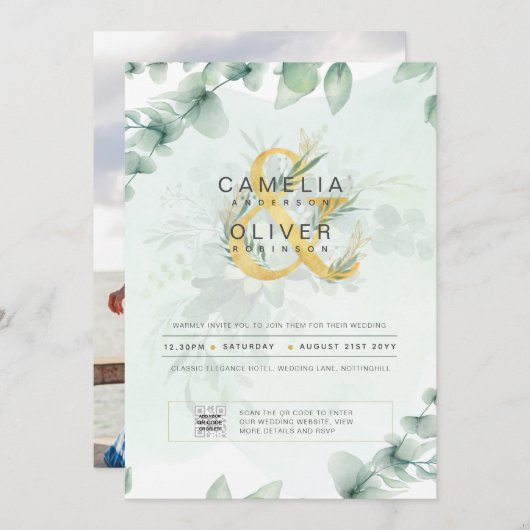Photo Faire-part de mariage Botanique Vert Or (Devant / Derrière)