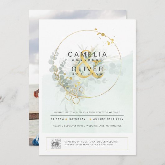 Photo Faire-part de mariage Botanique Vert Or (Devant / Derrière)