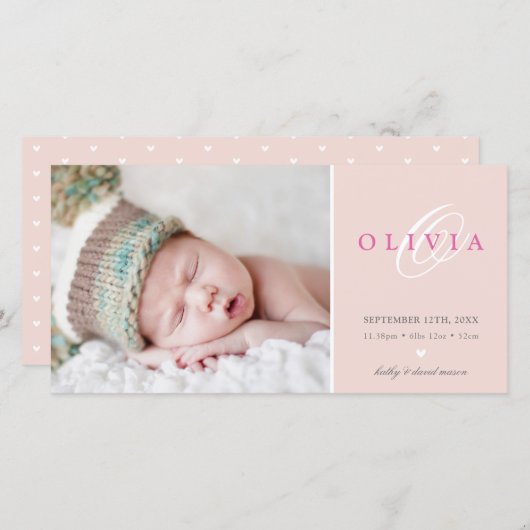 PHOTO FAIRE-PART DE NAISSANCE bébé doux rose pâle (Devant / Derrière)