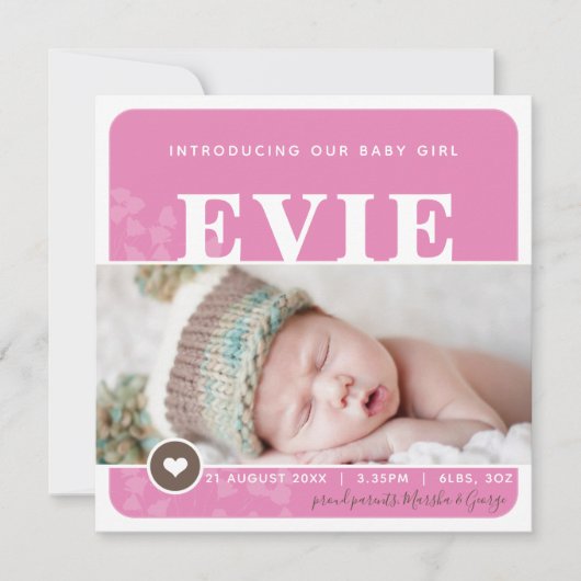 PHOTO FAIRE-PART DE NAISSANCE coeur tache rose bot (Devant)