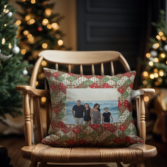 Photo family Christmas patchwork Green Red  Kussen (Creator heeft geüpload)