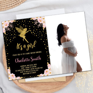 Photo Fée noire Floral Baby Shower Invitations