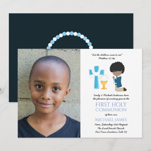 PHOTO First Holy Communion Invitations Black BOY (Devant / Derrière)