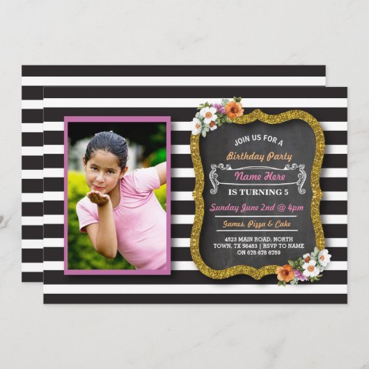 Photo Floral Fleurs à rayures rose Invitation d'an (Devant / Derrière)