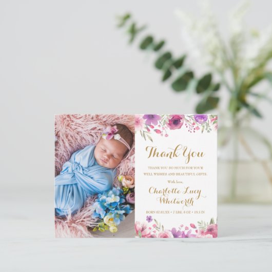 Photo Floral Script Merci Faire-part de naissance (Debout devant)