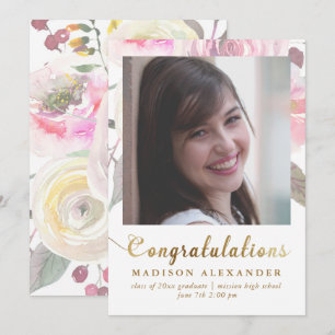Photo Floral Watercolor Graduation Faire-part